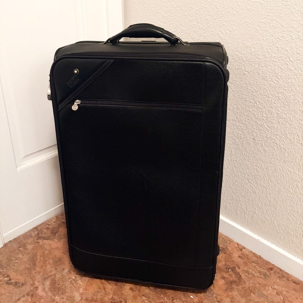 Montblanc Solid Black Leather Rolling Travel Bag